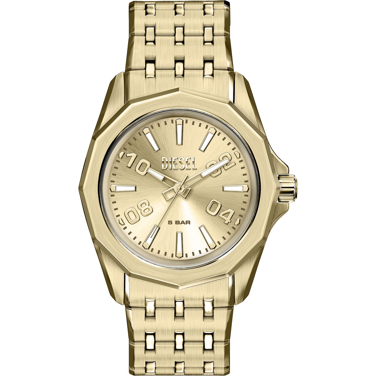Diesel Herrenuhr aus goldfarbenem Edelstahl mit achteckigem Zifferblatt und quadratischen Details im Band.