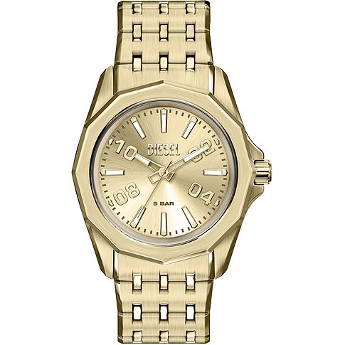 Diesel Herrenuhr aus goldfarbenem Edelstahl mit achteckigem Zifferblatt und quadratischen Details im Band.
