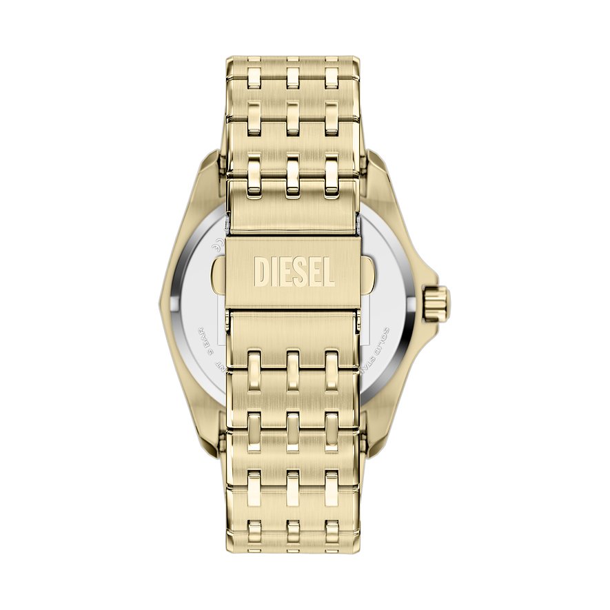 Rückansicht der Diesel Herrenuhr aus goldfarbenem Edelstahl mit geschlossenem Armband und graviertem Logo.
