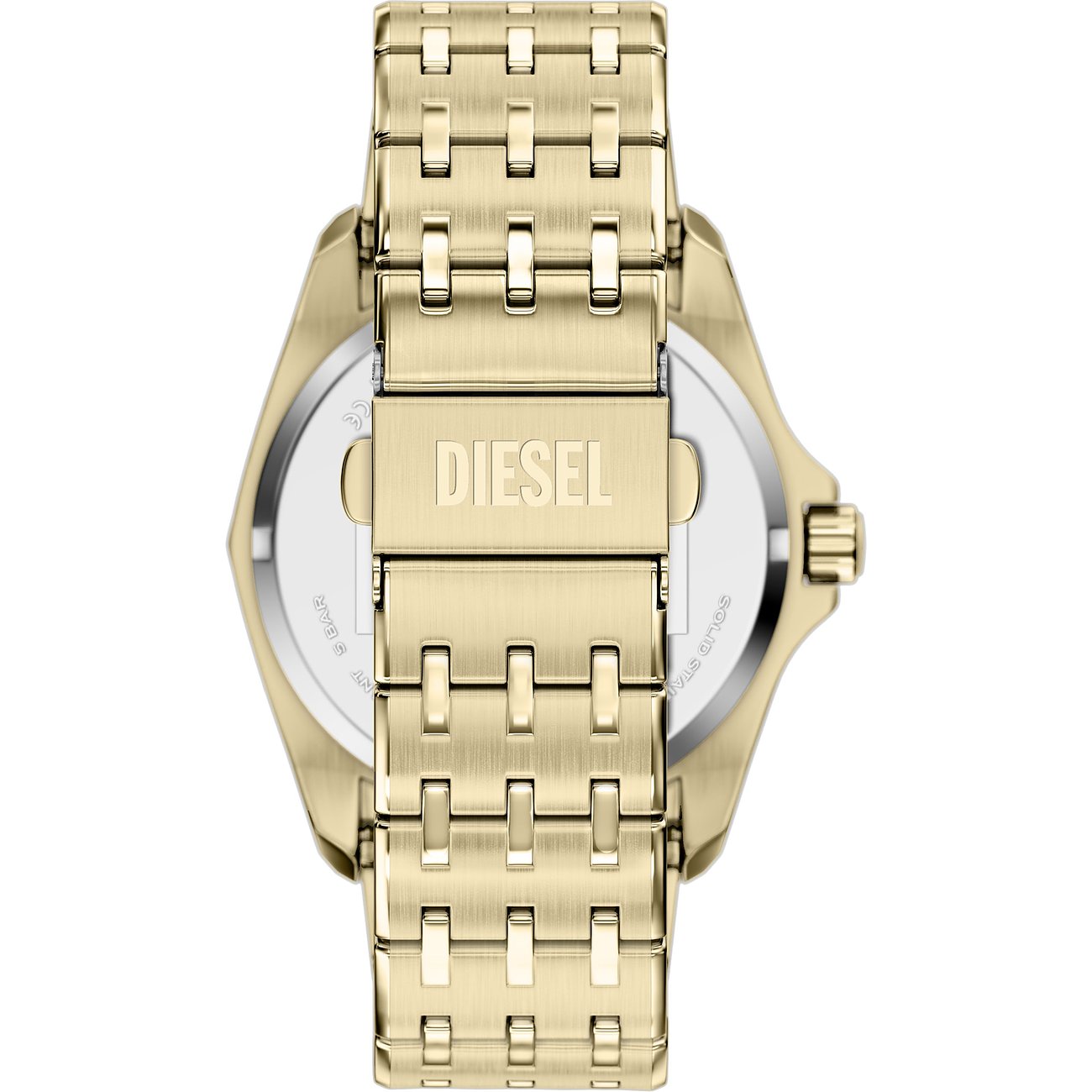 Rückansicht der Diesel Herrenuhr aus goldfarbenem Edelstahl mit geschlossenem Armband und graviertem Logo.