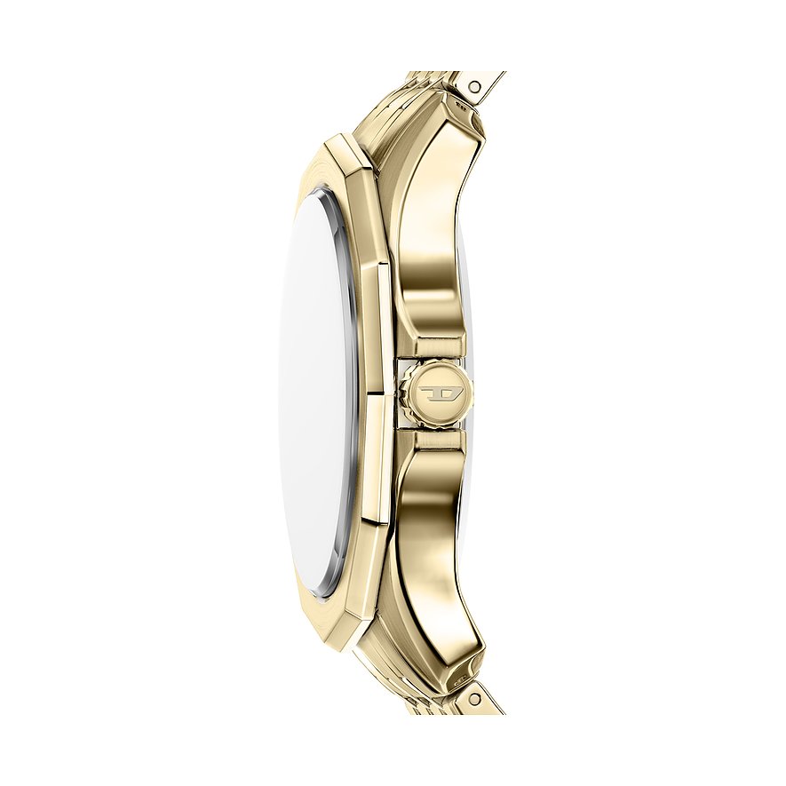 Diesel Herrenuhr aus goldfarbenem Edelstahl, Seitenansicht mit sichtbarer Krone und dem „D“-Logo.