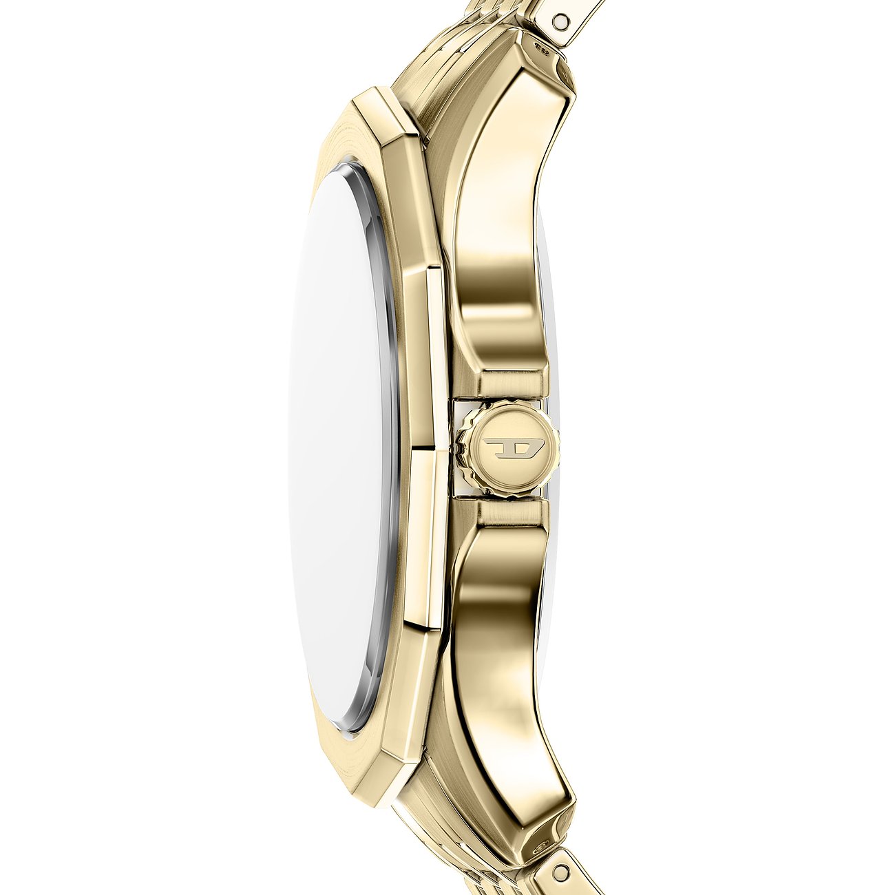 Diesel Herrenuhr aus goldfarbenem Edelstahl, Seitenansicht mit sichtbarer Krone und dem „D“-Logo.