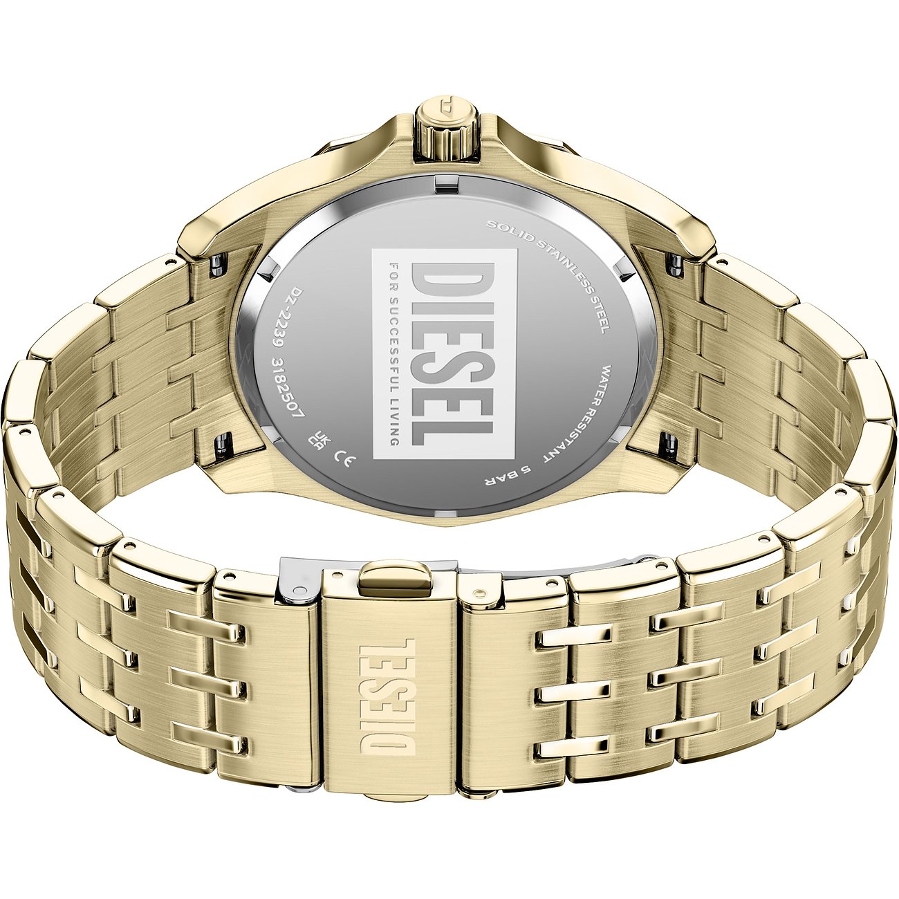 Rückansicht der Diesel Herrenuhr aus goldfarbenem Edelstahl mit eingraviertem Diesel-Logo und Produktinformationen.