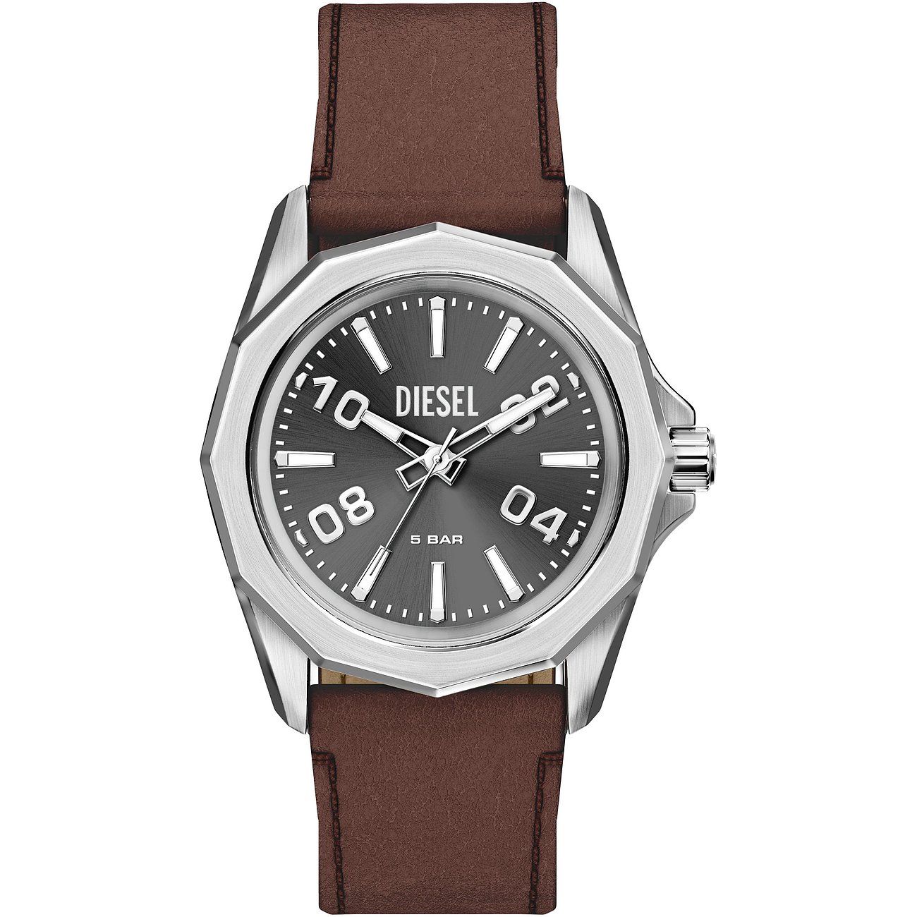 Orologio Diesel da uomo in acciaio inox color argento con cinturino in pelle marrone scuro e quadrante grigio