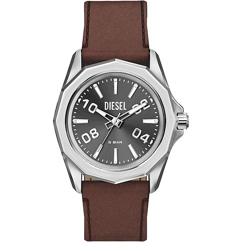 Diesel Herrenuhr aus silberfarbenem Edelstahl mit dunkelbraunem Lederarmband und grauem Zifferblatt