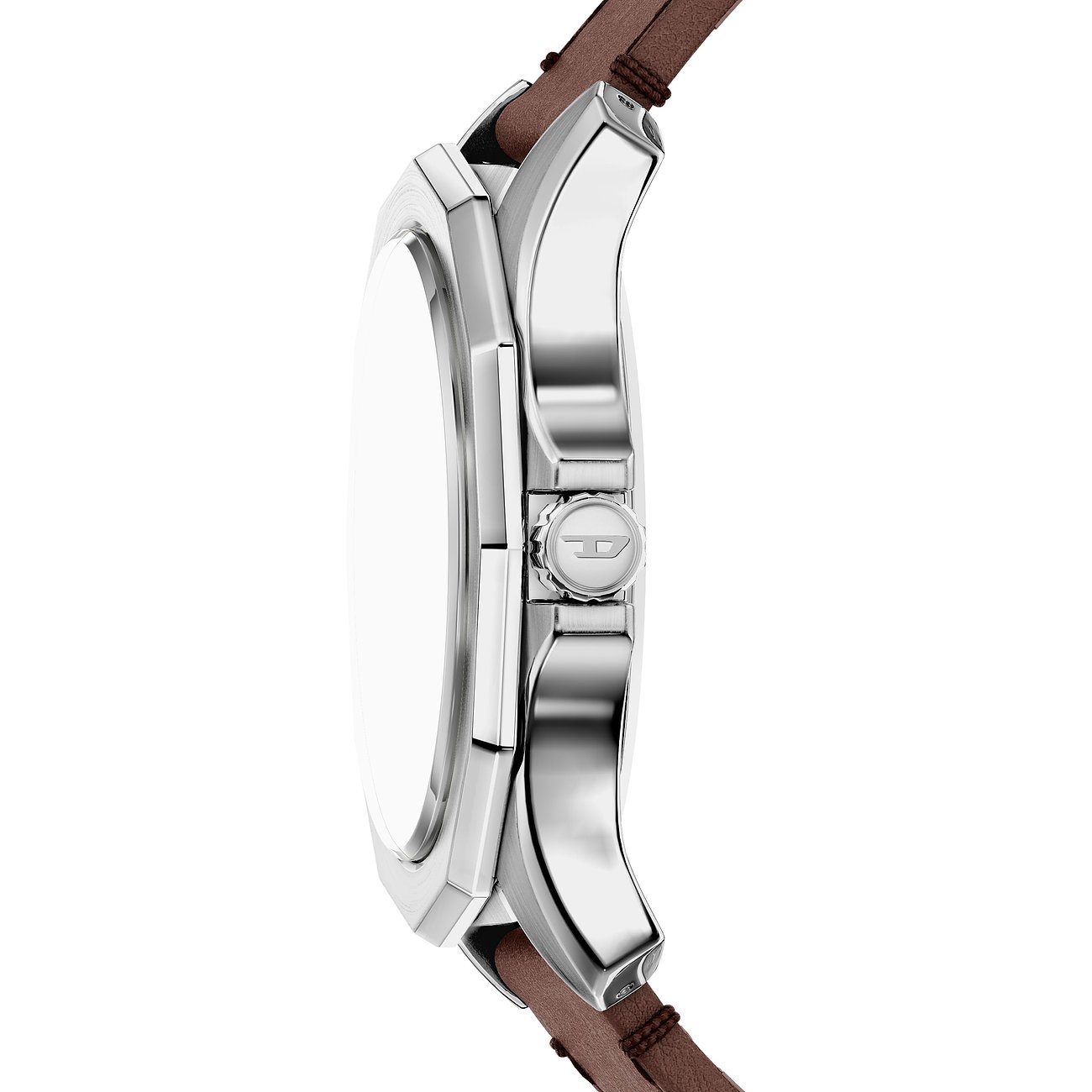 Vista laterale dell'orologio da uomo Diesel in acciaio inossidabile con cinturino in pelle marrone e corona con logo Diesel.