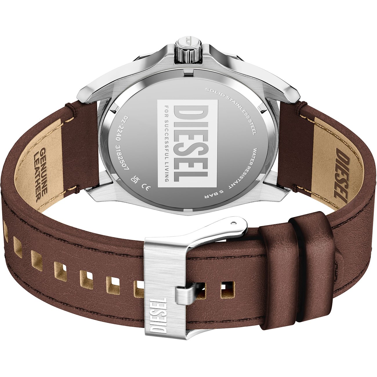 Vista posteriore dell'orologio da uomo Diesel in acciaio inox con cinturino in pelle marrone e fibbia lucida.