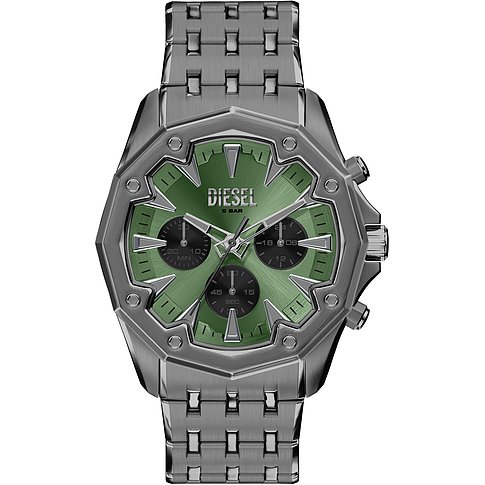 Diesel Herrenuhr aus Edelstahl mit eckigem, silbernem Gehäuse und grünem Zifferblatt