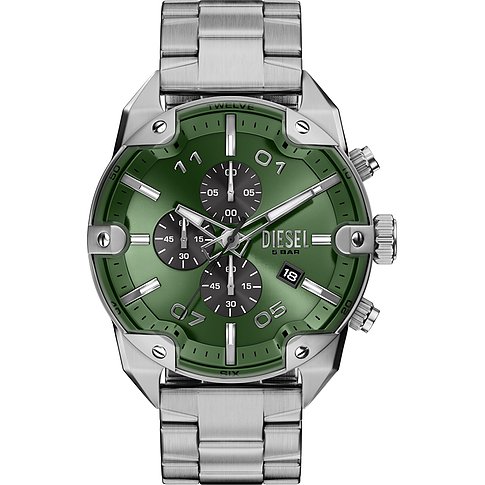 Diesel Herrenuhr aus dunkelgrünem Edelstahl mit Chronograph und silberfarbenen Akzenten,正面视图。