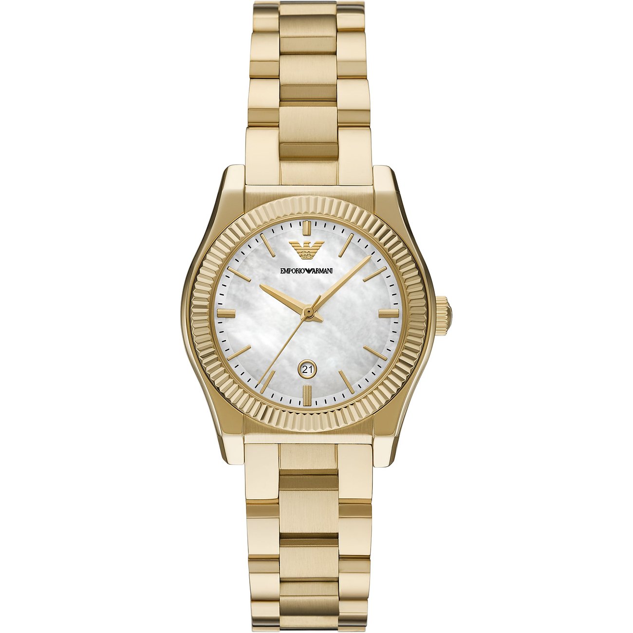 Emporio Armani Damenuhr aus goldfarbenem Edelstahl mit weißem Perlmuttzifferblatt und geriffelter Lünette.