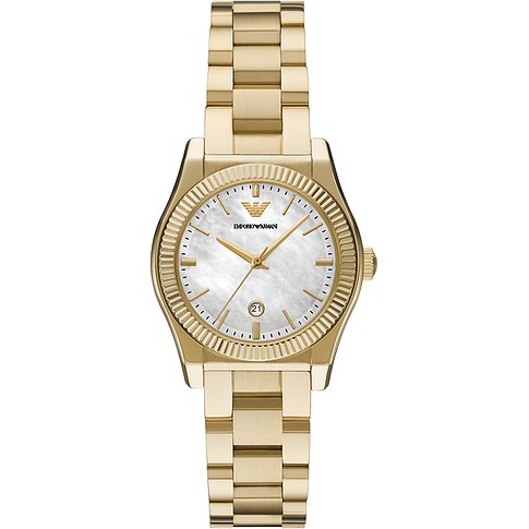 Emporio Armani dameur i guldfarvet rustfrit stål med hvid perlemorsskive og riflet krans.