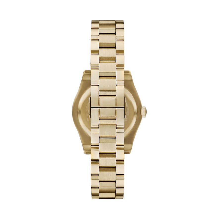 Rückansicht der Emporio Armani Damenuhr aus goldfarbenem Edelstahl mit geschlossenem Gliederarmband.