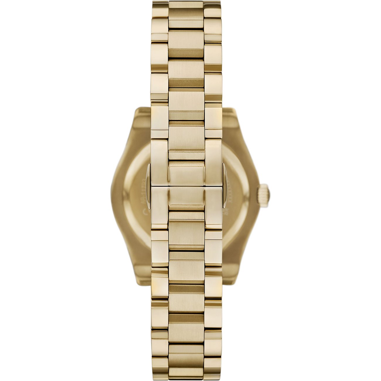 Rückansicht der Emporio Armani Damenuhr aus goldfarbenem Edelstahl mit geschlossenem Gliederarmband.