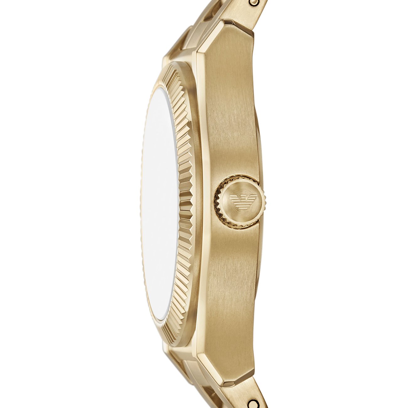 Seitenansicht einer goldenen Emporio Armani Damenuhr aus Edelstahl mit geriffelter Lünette und Krone.