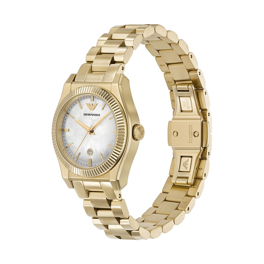 Emporio Armani Damenuhr aus goldfarbenem Edelstahl mit weißem Zifferblatt und Datumsanzeige.