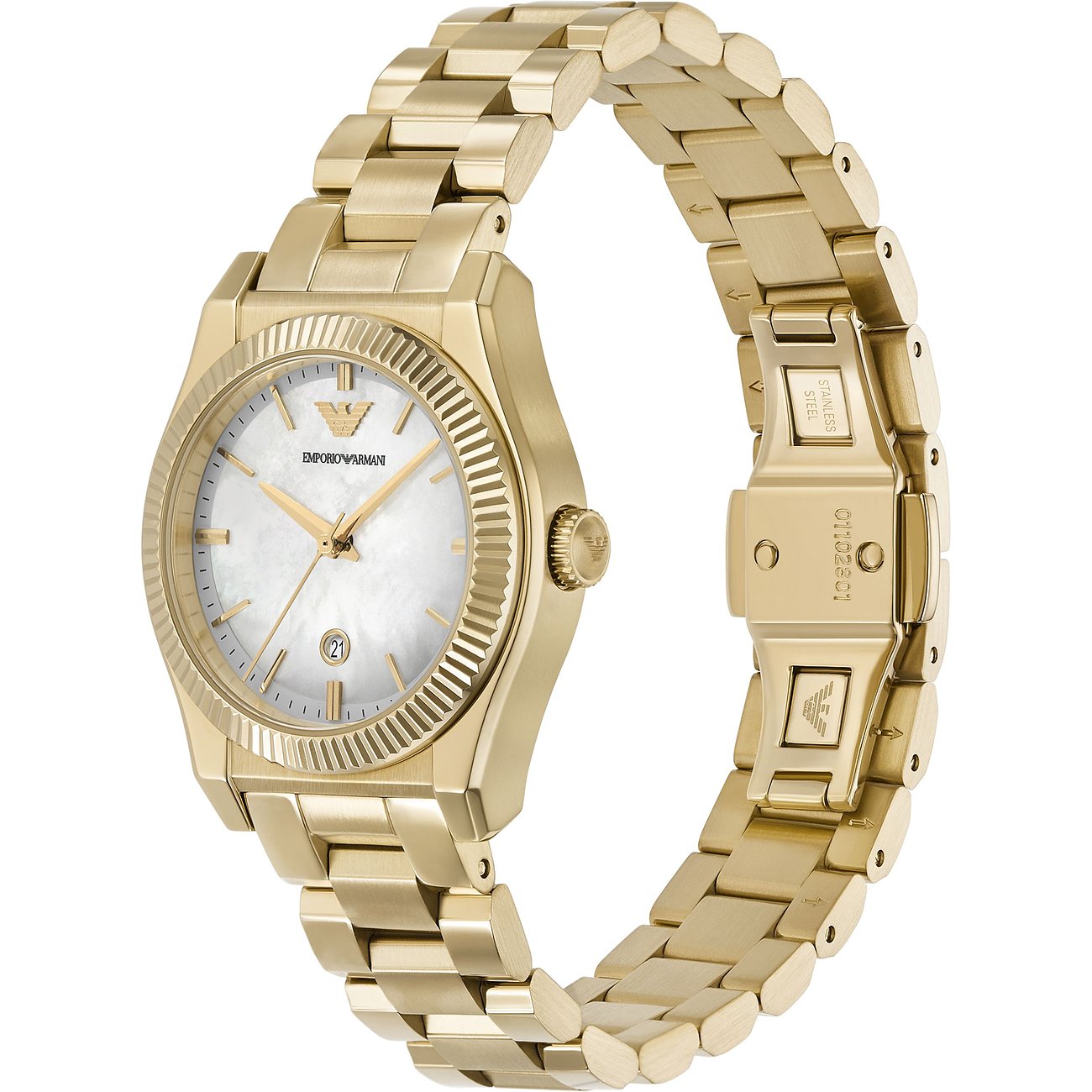 Emporio Armani Damenuhr aus goldfarbenem Edelstahl mit weißem Zifferblatt und Datumsanzeige.