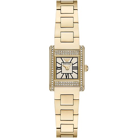 Die rechteckige Emporio Armani Damenuhr aus goldfarbenem Edelstahl hat ein weißes Zifferblatt mit römischen Ziffern.