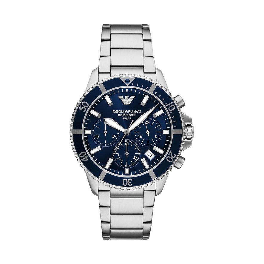 Emporio Armani Herrenuhr aus Edelstahl mit blauem Zifferblatt und Chronographenfunktionen, frontal abgebildet.