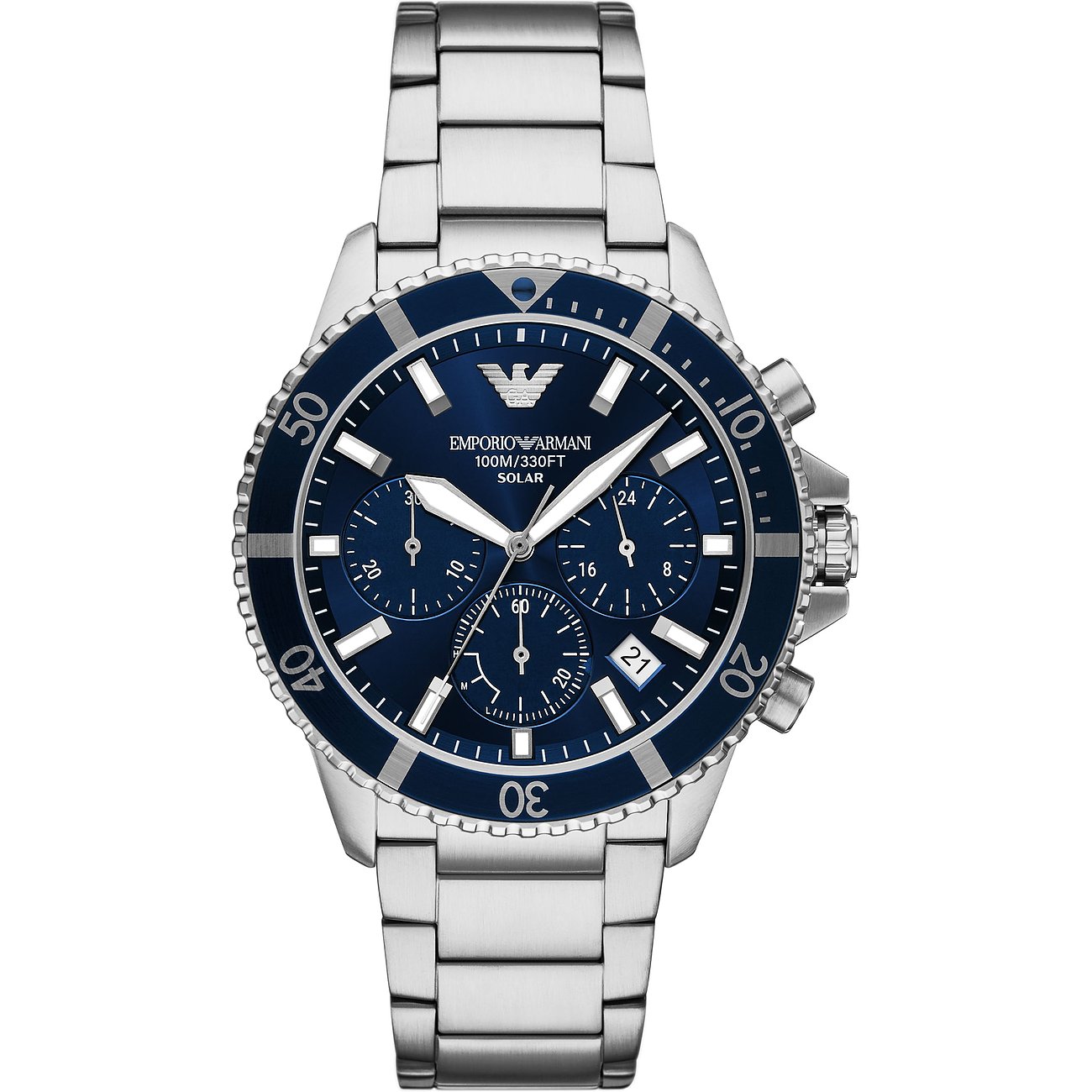 Emporio Armani Herrenuhr aus Edelstahl mit blauem Zifferblatt und Chronographenfunktionen, frontal abgebildet.