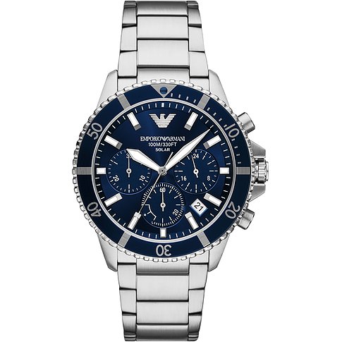 Emporio Armani Herrenuhr aus Edelstahl mit blauem Zifferblatt und Chronographenfunktionen, frontal abgebildet.