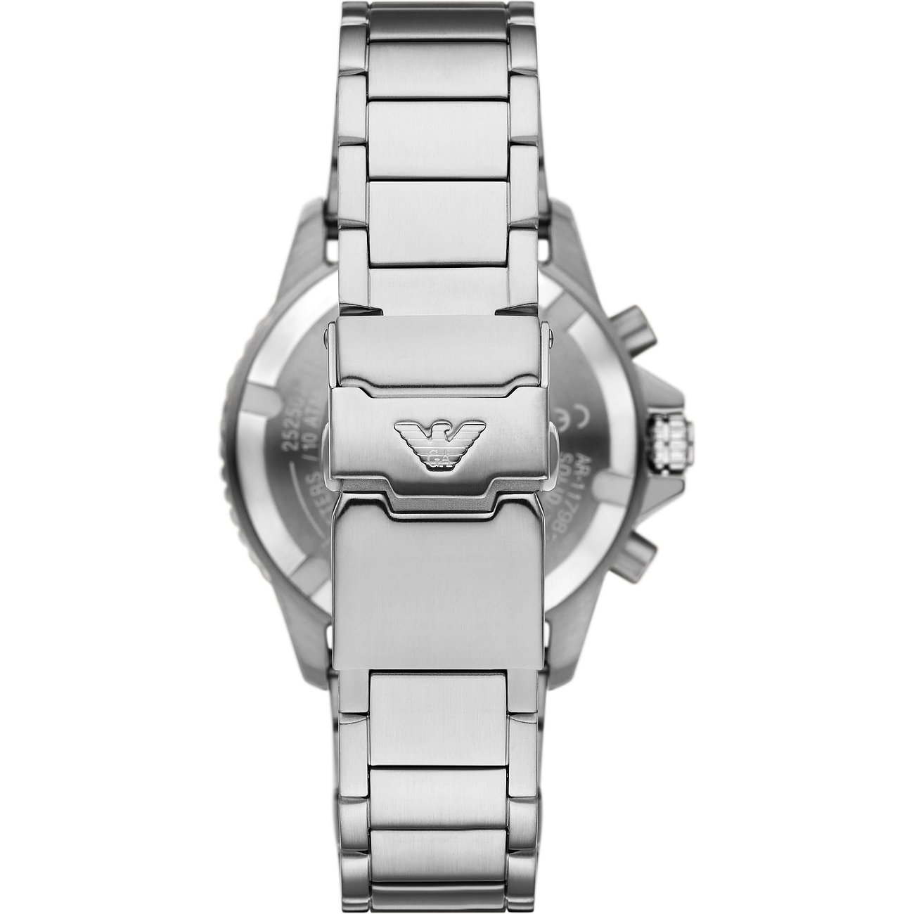 Rückansicht der Emporio Armani Herrenuhr aus Edelstahl mit geschlossener Faltschließe und Markenlogo.