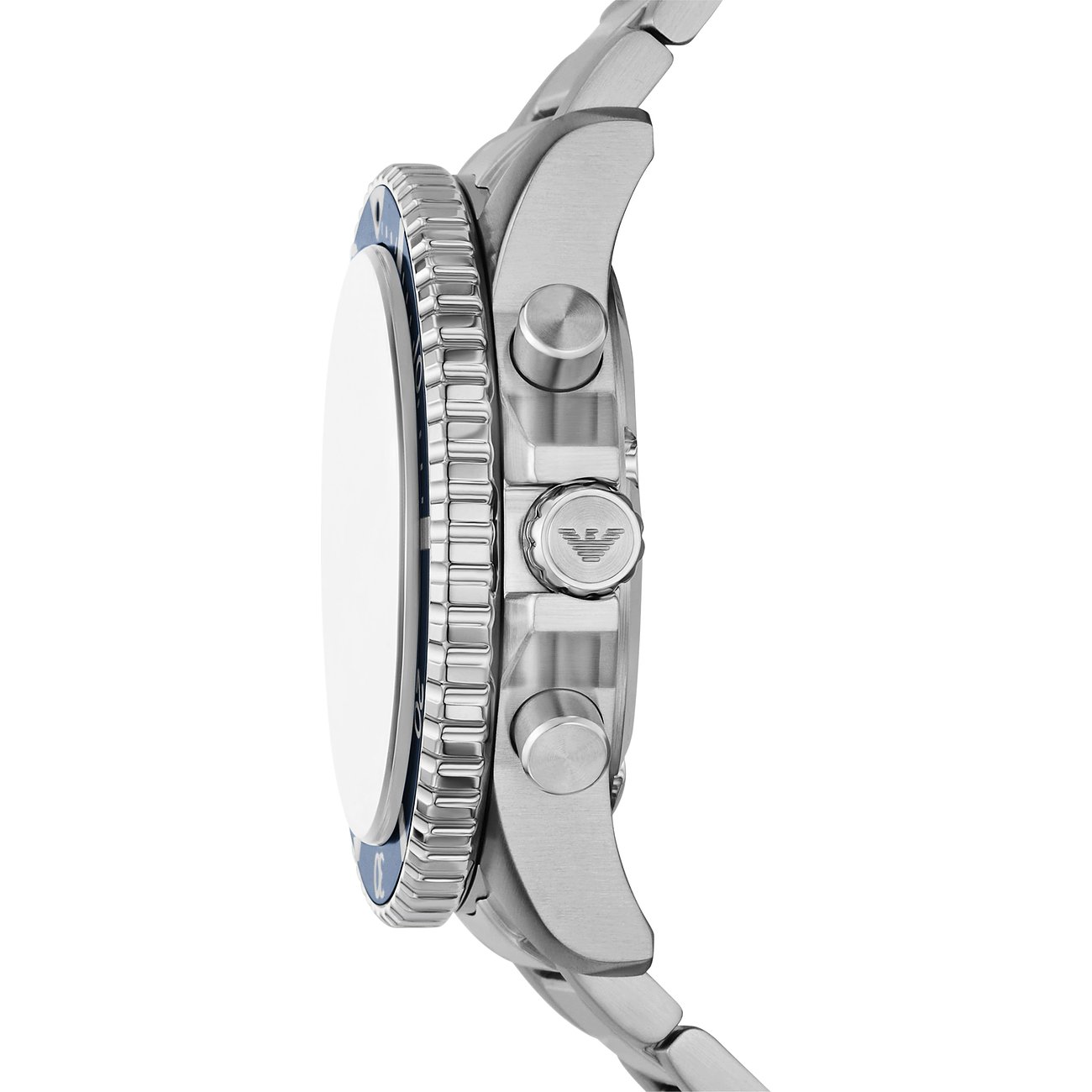 Seitenansicht der Emporio Armani Herrenuhr aus silbernem Edelstahl mit blauer Lünette.
