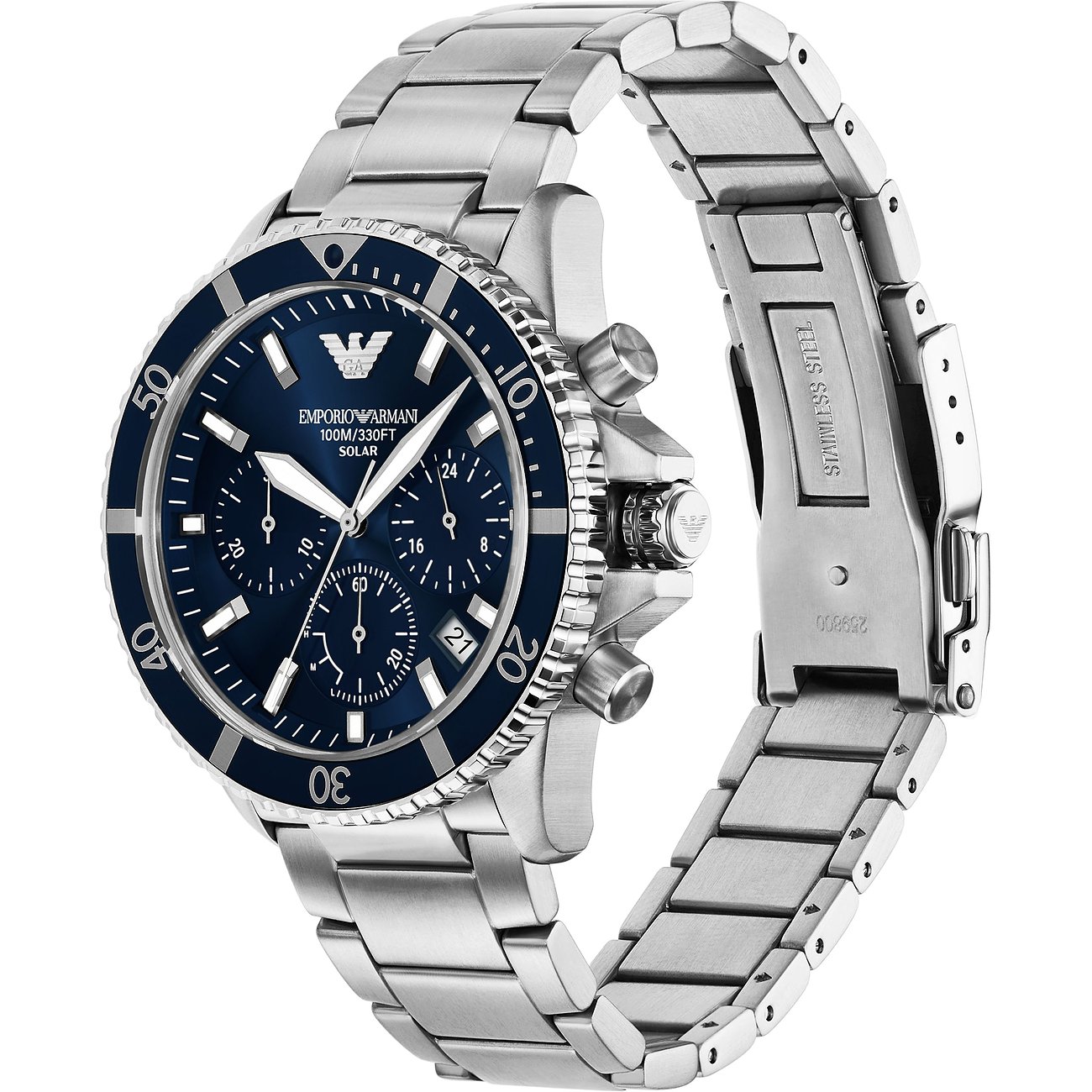 Emporio Armani Herrenuhr aus Edelstahl mit blauem Zifferblatt und Chronographenfunktionen, schräg von vorne.