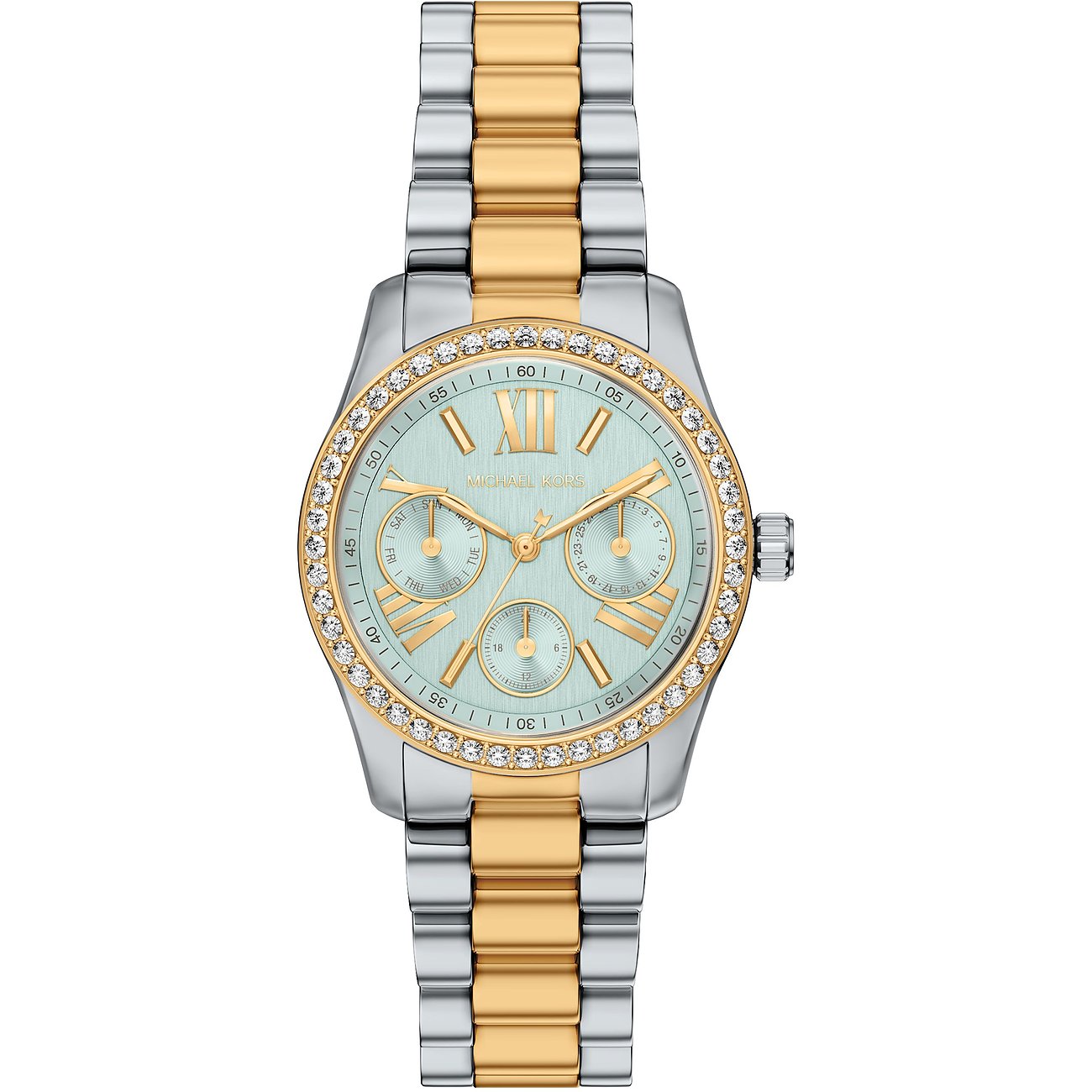 Orologio donna Michael Kors: Acciaio, bracciale argento/oro, quadrante turchese, gemme scintillanti sulla ghiera.