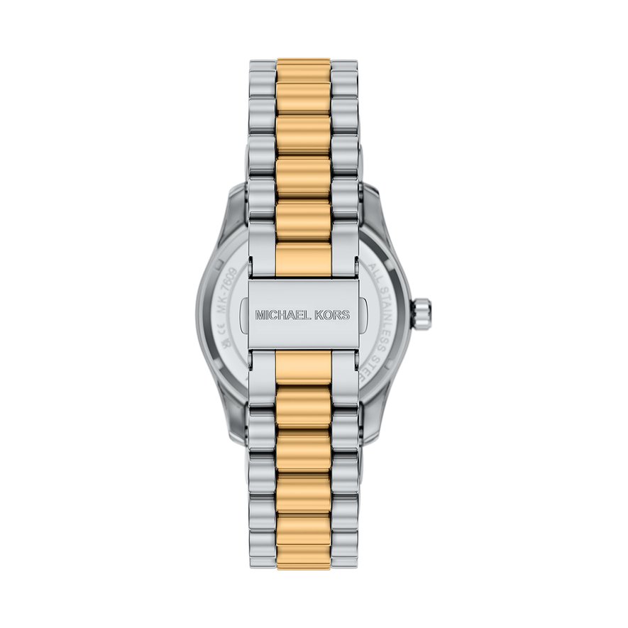 Retro orologio donna Michael Kors in acciaio, bracciale a maglie argento/oro, chiusura logo.