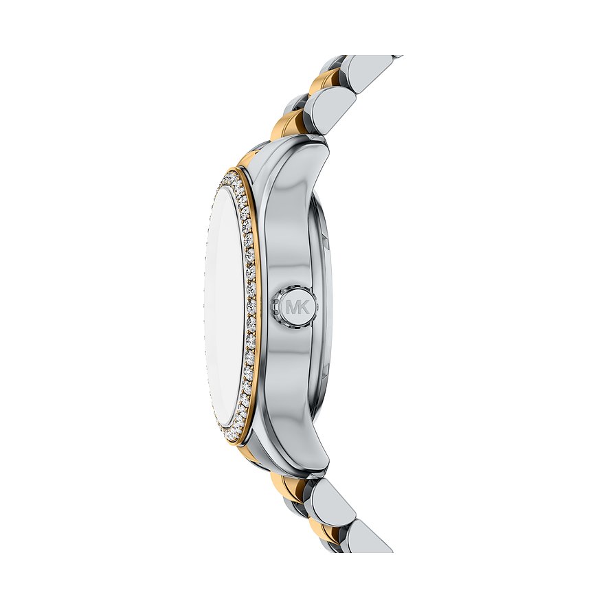 Vista laterale dell'orologio da donna Michael Kors in acciaio bicolore con gemme chiare sulla ghiera.
