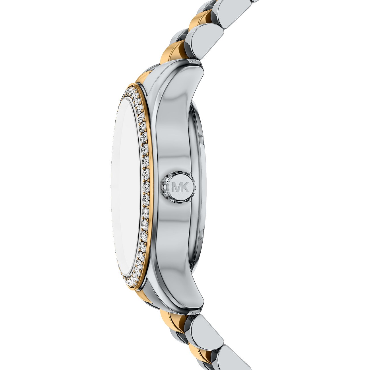 Vista laterale dell'orologio da donna Michael Kors in acciaio bicolore con gemme chiare sulla ghiera.