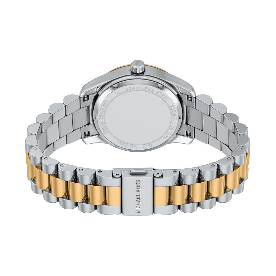 Retro di orologio da donna Michael Kors in acciaio inossidabile dall'alto, con bracciale a maglie oro e argento.