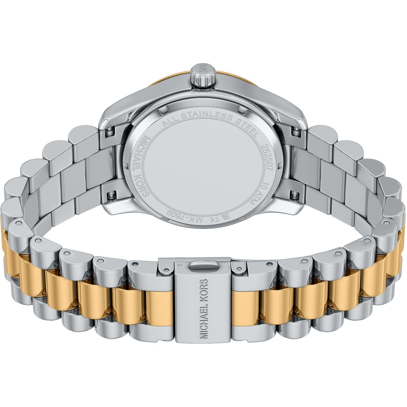 Retro di orologio da donna Michael Kors in acciaio inossidabile dall'alto, con bracciale a maglie oro e argento.