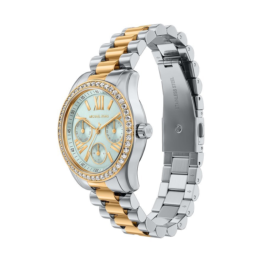 Orologio donna Michael Kors in acciaio inossidabile oro e argento, con quadrante azzurro e pietre decorative