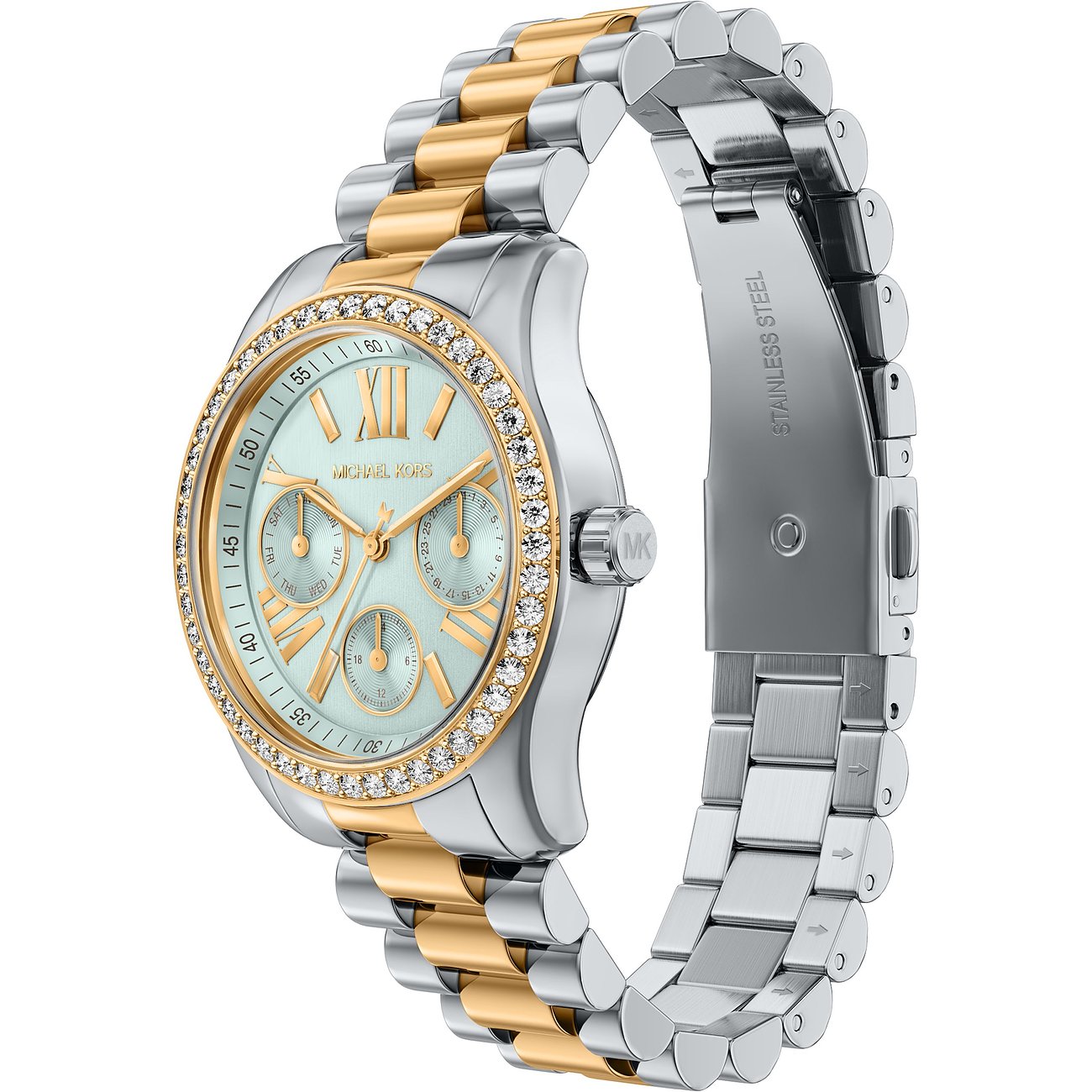Orologio donna Michael Kors in acciaio inossidabile oro e argento, con quadrante azzurro e pietre decorative