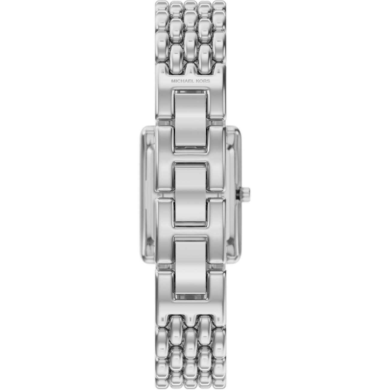 Eine Michael Kors Damenuhr aus poliertem Edelstahl in Seitenansicht. Das Armband ist detailliert sichtbar.