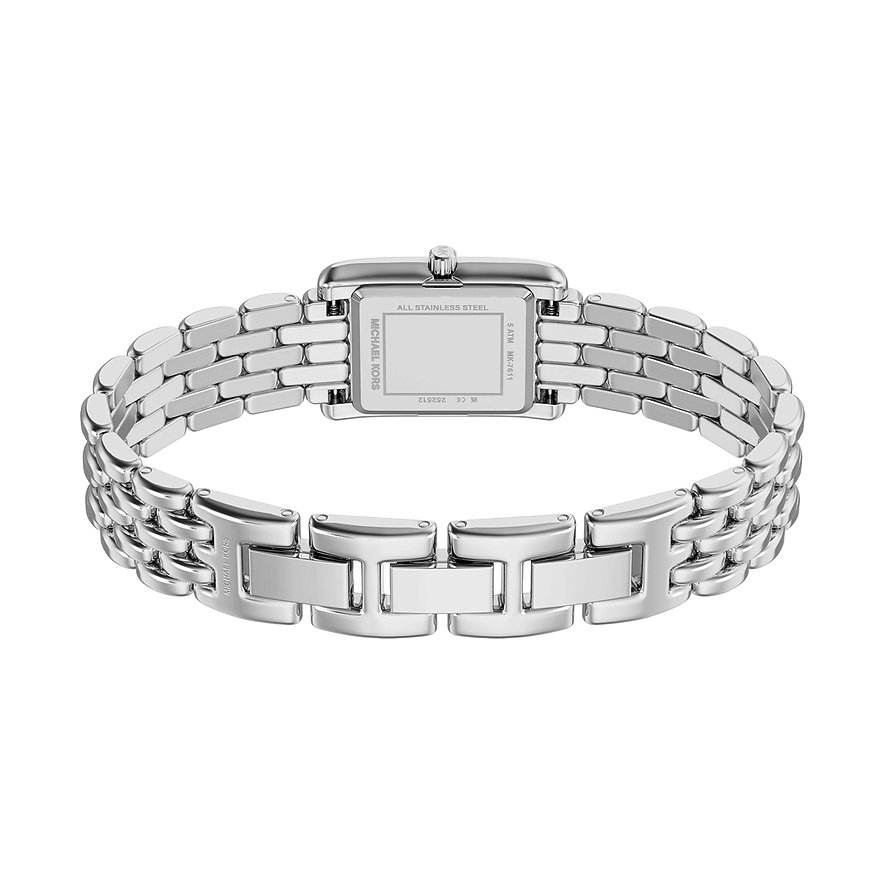 Rückansicht der Michael Kors Damenuhr aus Edelstahl mit rechteckigem Gehäuse und Gliederarmband.