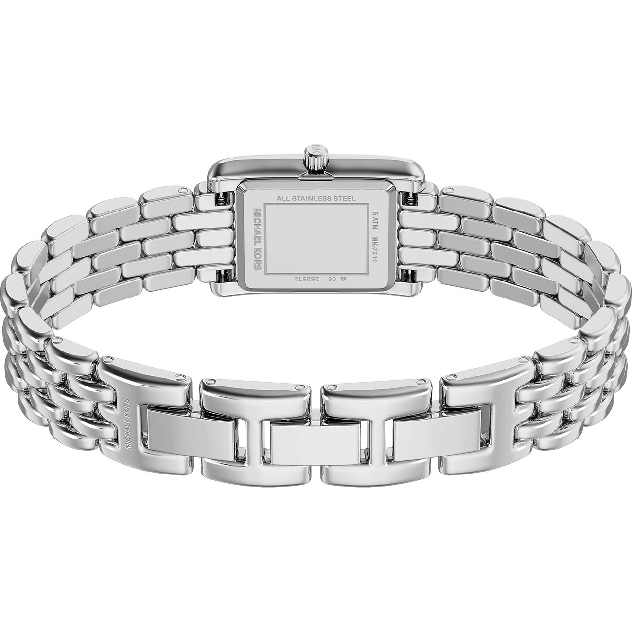 Rückansicht der Michael Kors Damenuhr aus Edelstahl mit rechteckigem Gehäuse und Gliederarmband.