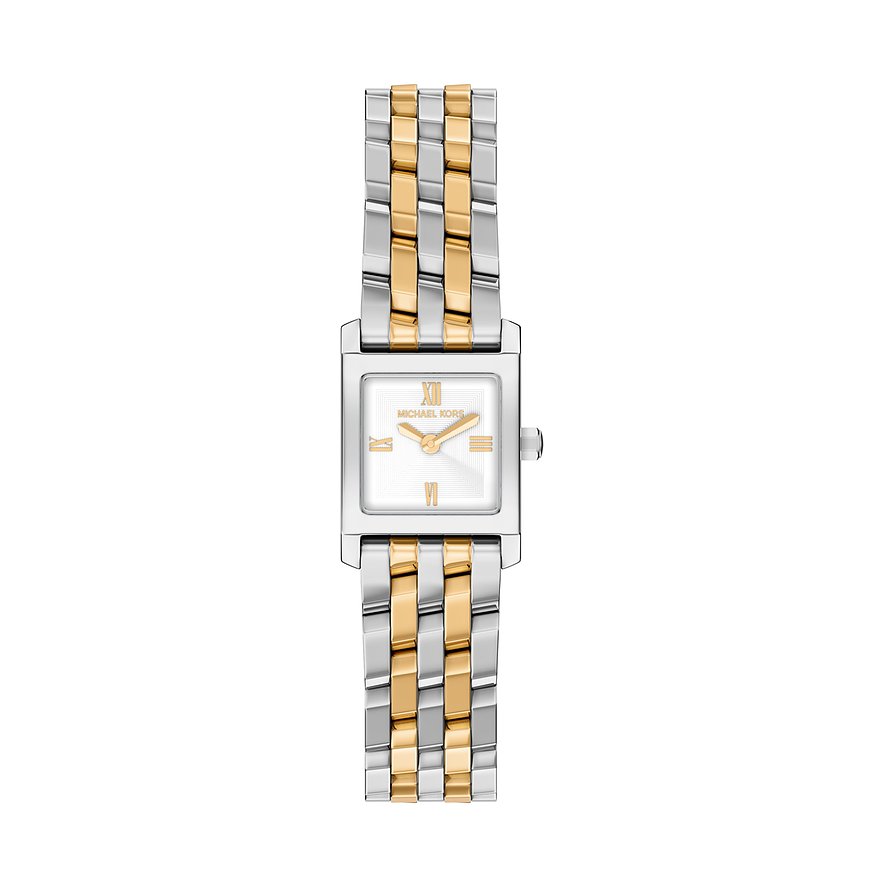 Den rektangulära Michael Kors damklockan i rostfritt stål har ett tvåfärgat, guld- och silverfärgat armband.