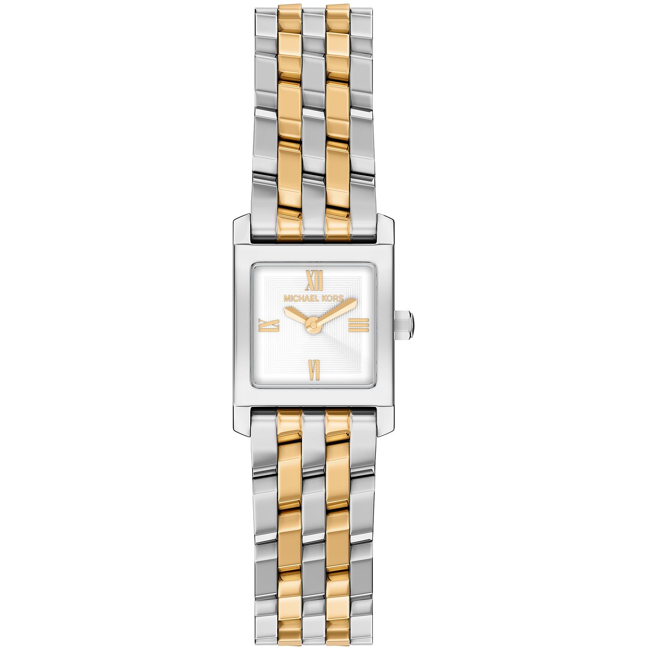 Den rektangulära Michael Kors damklockan i rostfritt stål har ett tvåfärgat, guld- och silverfärgat armband.
