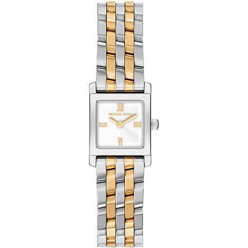 Den rektangulära Michael Kors damklockan i rostfritt stål har ett tvåfärgat, guld- och silverfärgat armband.