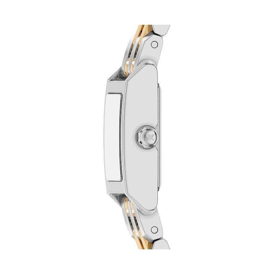 Sidovy av Michael Kors damklocka i rostfritt stål med rektangulärt boett och guldfärgade accenter.