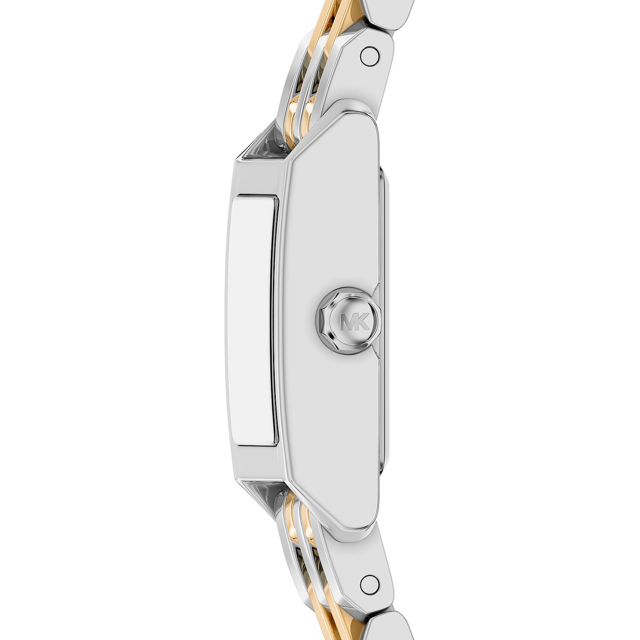Sidovy av Michael Kors damklocka i rostfritt stål med rektangulärt boett och guldfärgade accenter.