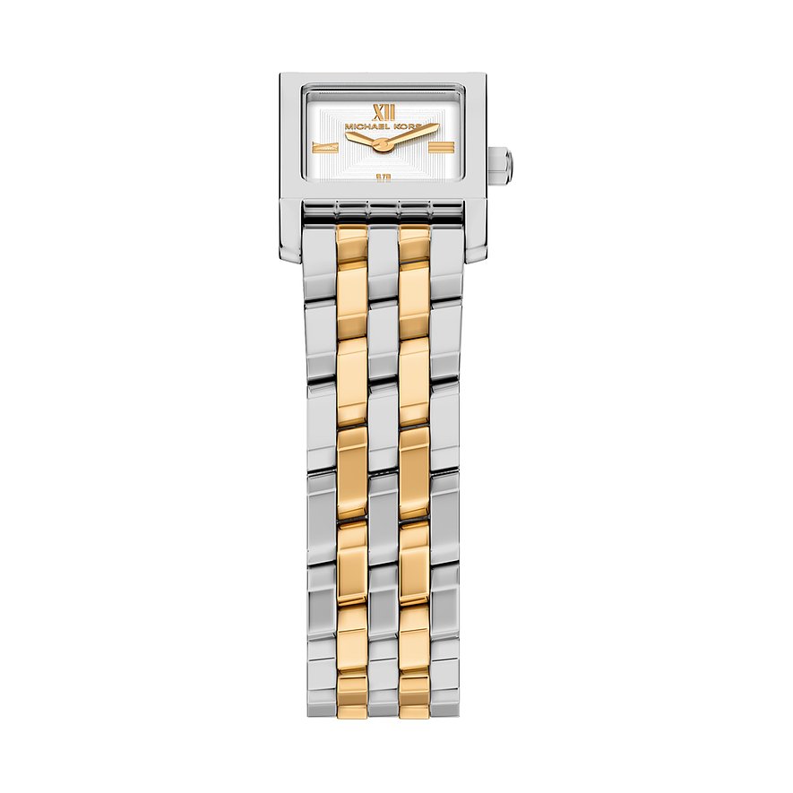 En Michael Kors damklocka i rostfritt stål med fyrkantigt silverfärgat boett och ett guld-silverfärgat armband.