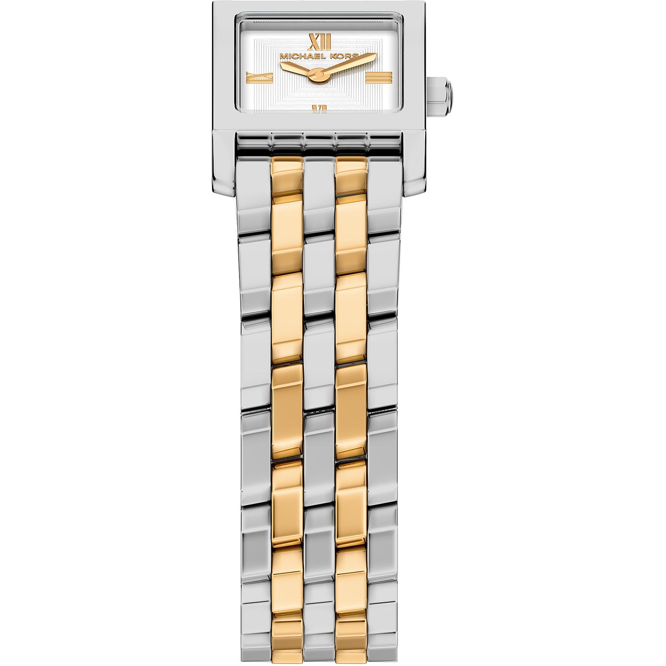 En Michael Kors damklocka i rostfritt stål med fyrkantigt silverfärgat boett och ett guld-silverfärgat armband.