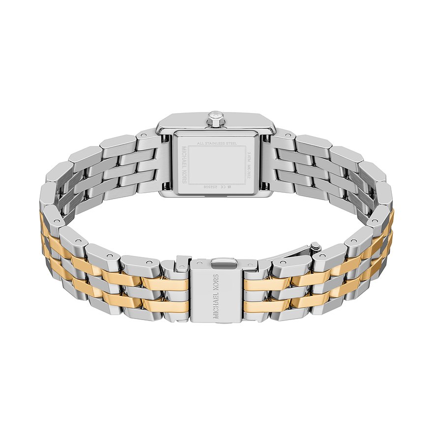 Baksida av Michael Kors damklocka i rostfritt stål med silver- och guldfärgad länkarmband.
