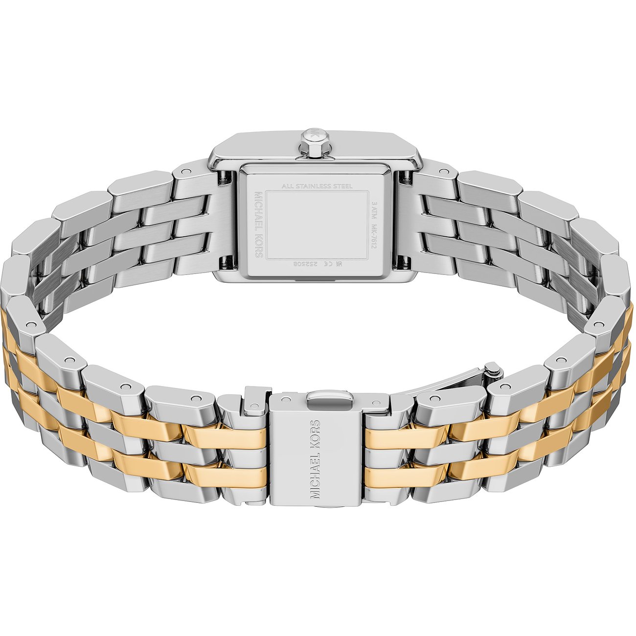 Baksida av Michael Kors damklocka i rostfritt stål med silver- och guldfärgad länkarmband.