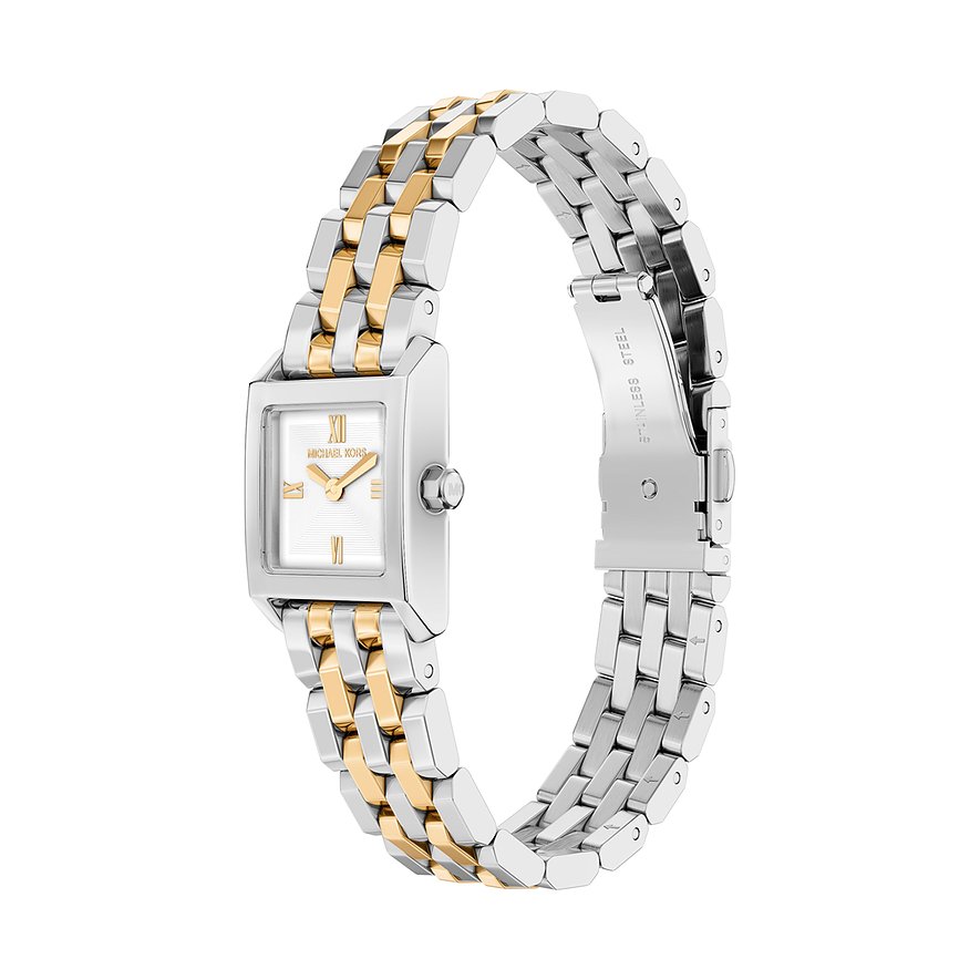 En Michael Kors damklocka i tvåfärgat rostfritt stål med rektangulär urtavla och vit visare.