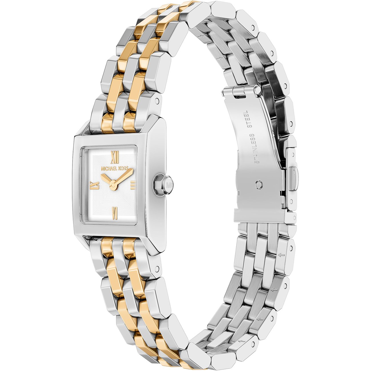 En Michael Kors damklocka i tvåfärgat rostfritt stål med rektangulär urtavla och vit visare.