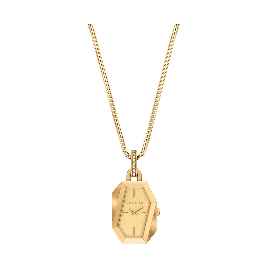Die Michael Kors Uhr ist ein goldfarbenes Uhrband aus Edelstahl und hängt an einer Kette.